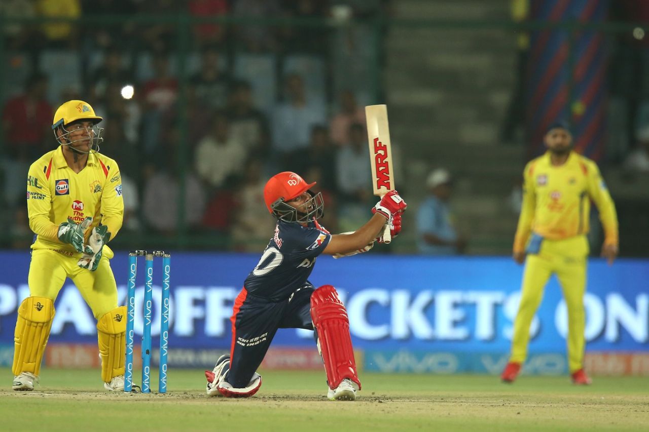 Prithvi Shaw miscues a slog sweep towards the leg side, Delhi Daredevils v Chennai Super Kings, IPL 2018, Delhi, May 18, 2017