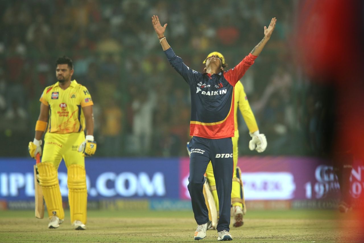 Sandeep Lamichhane celebrates Suresh Raina's wicket, Delhi Daredevils v Chennai Super Kings, IPL 2018, Delhi, May 18, 2017