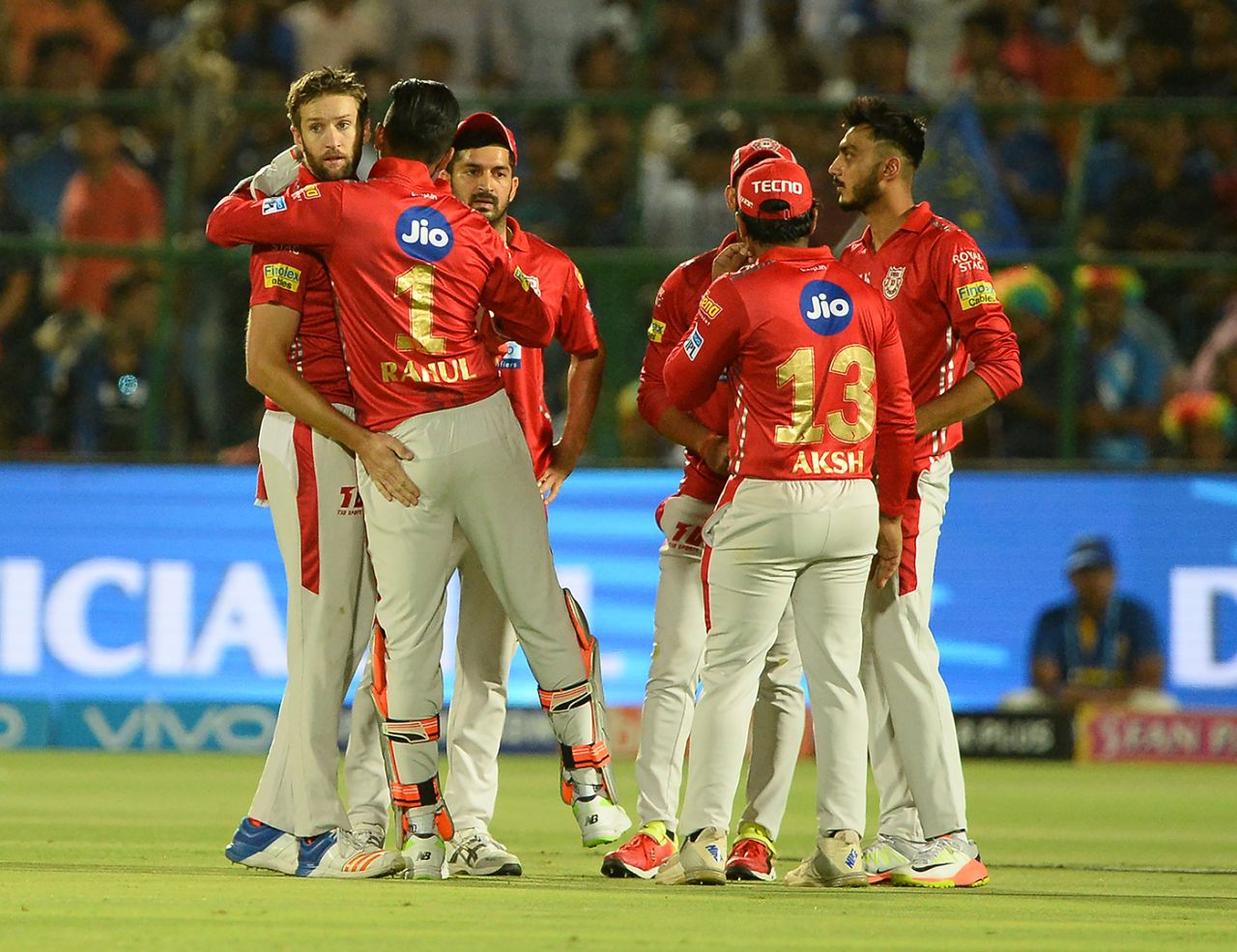 Andrew Tye celebrates a wicket with his team-mates, Rajasthan Royals v Kings XI Punjab, IPL 2018, Jaipur, May 8, 2018