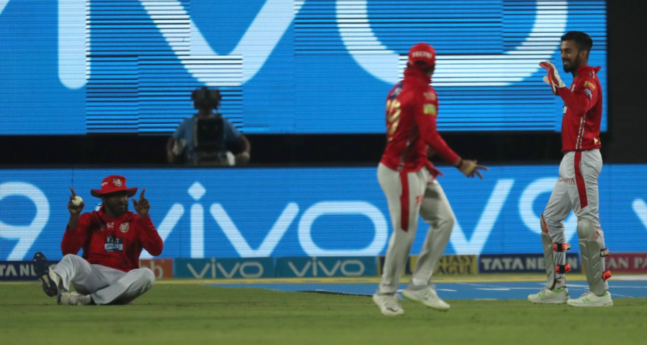 Chris Gayle asks for the third umpire to check if a catch carried, Chennai Super Kings v Kings XI Punjab, IPL 2018, Pune, May 20, 2018