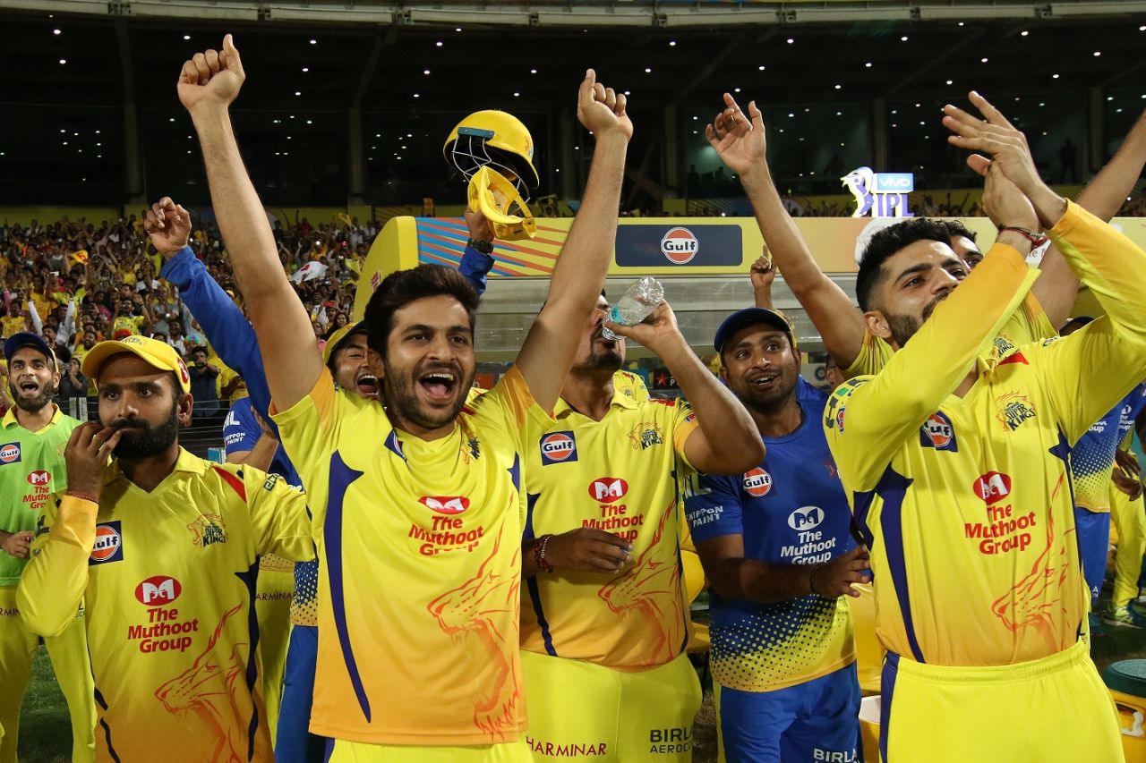 The CSK dugout celebrates the team's win in their final league match of the season, Chennai Super Kings v Kings XI Punjab, IPL 2018, Pune, May 20, 2018
