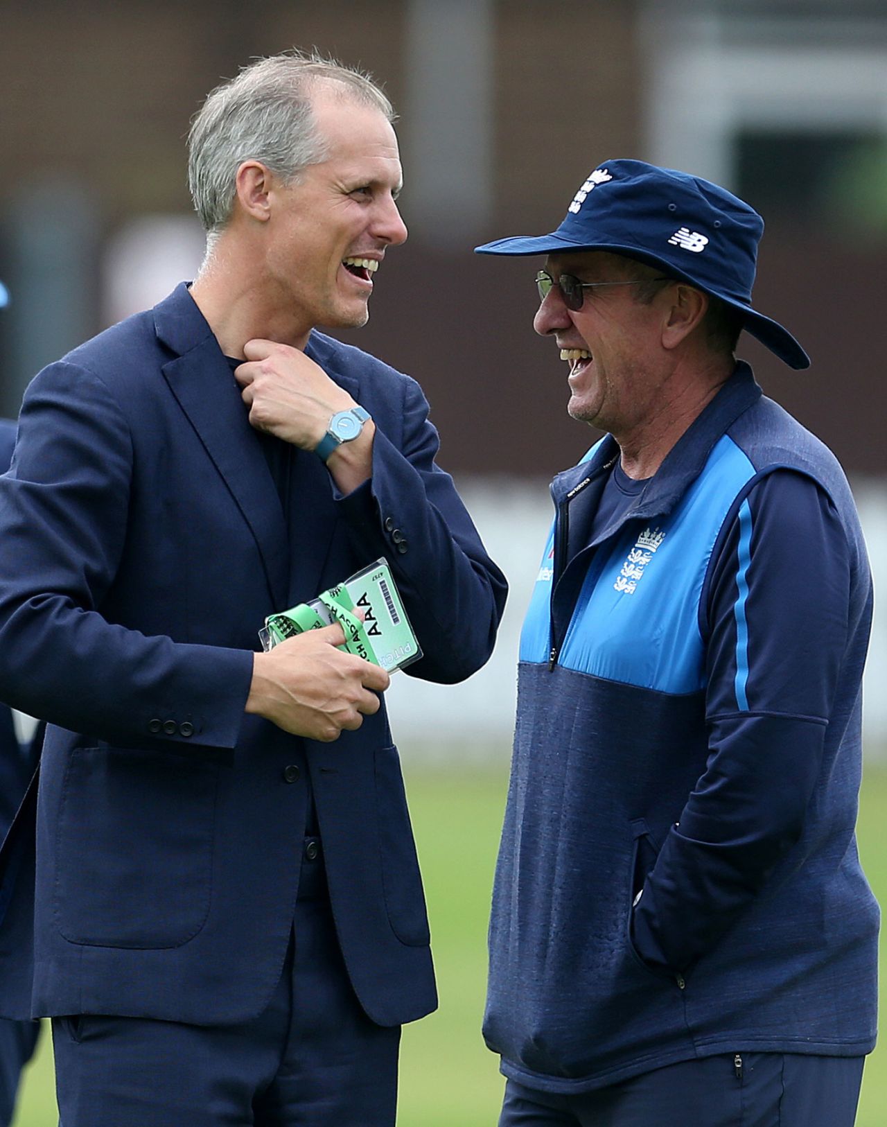 Serious business: Ed Smith and Trevor Bayliss share a laugh ahead of the first Test, Lord's, May 21, 2018