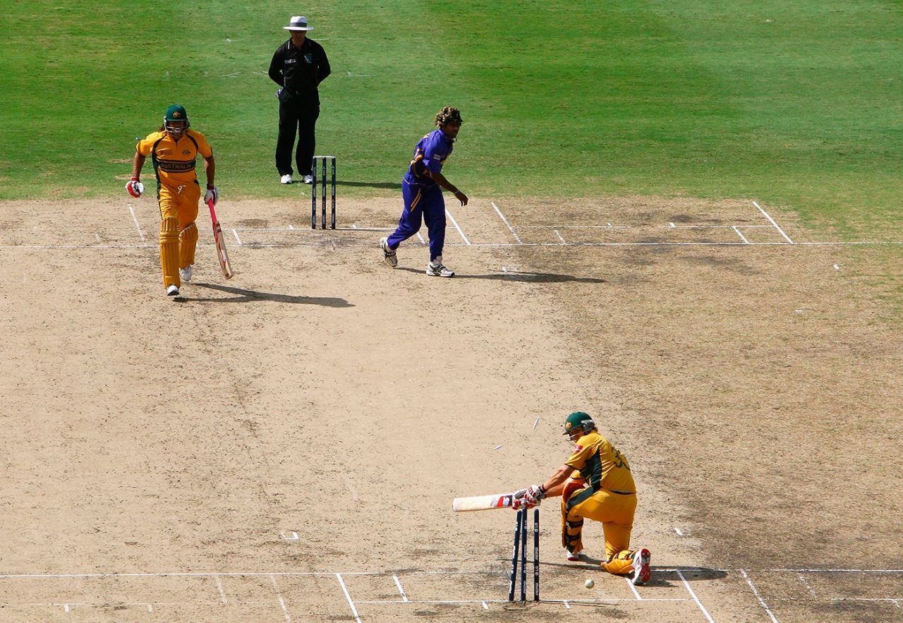Shane Watson is bowled by Lasith Malinga, Australia v Sri Lanka, World Cup final, Barbados, April 28, 2007