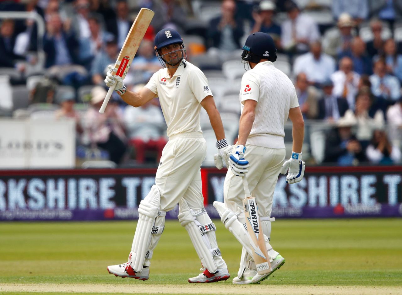 Alastair Cook raised his bat after notching fifty, England v Pakistan, 1st Test, Lord's, 1st day, May 24, 2018