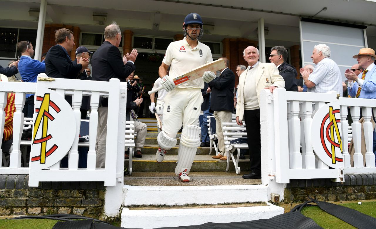 Alastair Cook emerges from the Lord's pavilion, England v Pakistan, 1st Test, Lord's, 1st day, May 24, 2018
