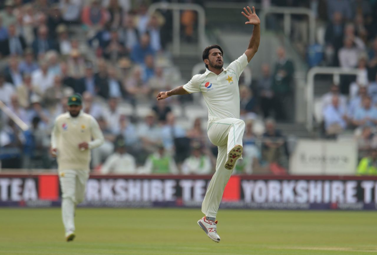 Hasan Ali leaps in celebration after picking up another wicket, England v Pakistan, 1st Test, Lord's, 1st day, May 24, 2018