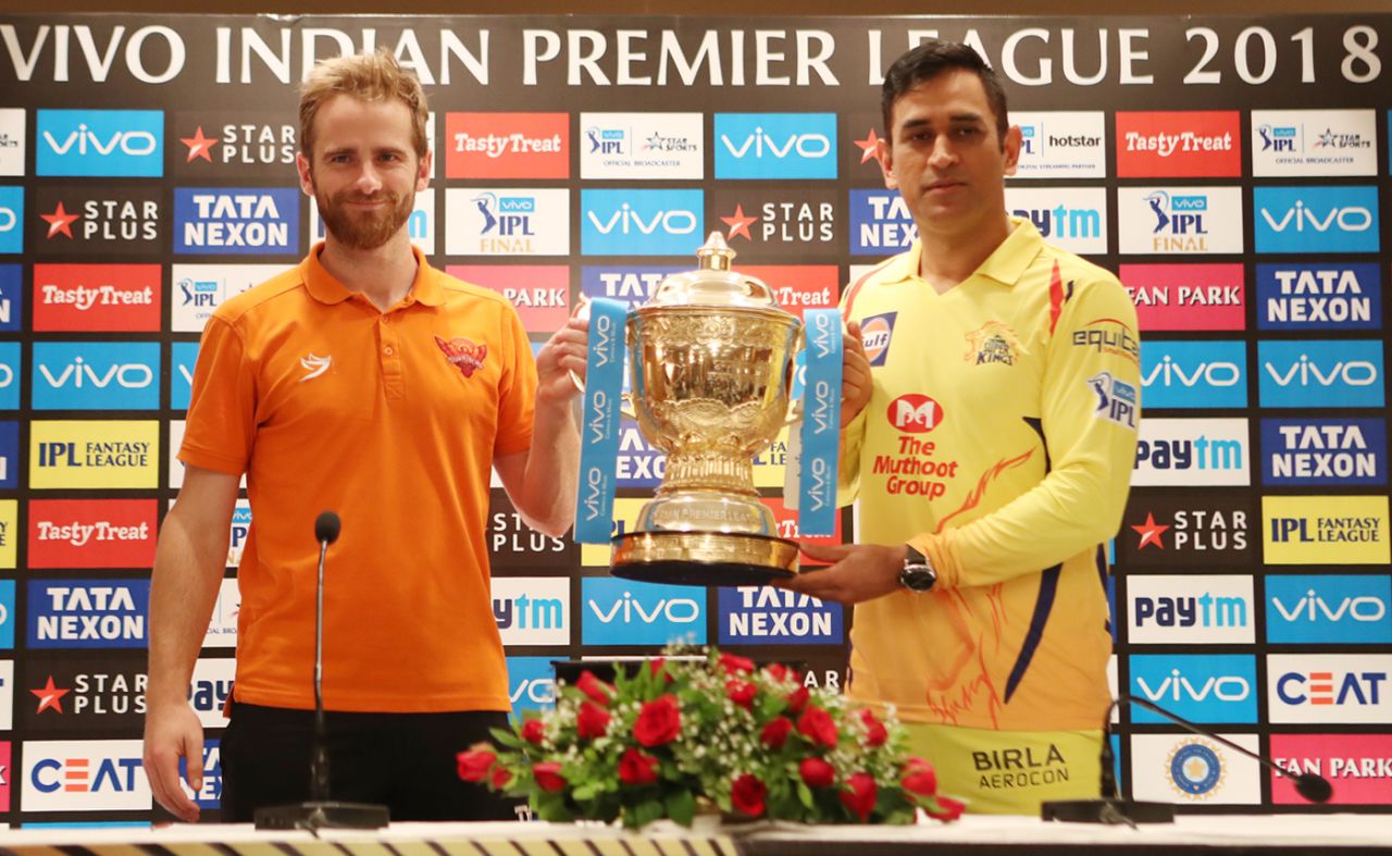 Kane Williamson and MS Dhoni pose with the IPL 2018 trophy at the pre-final press conference, Chennai Super Kings v Sunrisers Hyderabad, IPL 2018, Mumbai, May 26, 2018