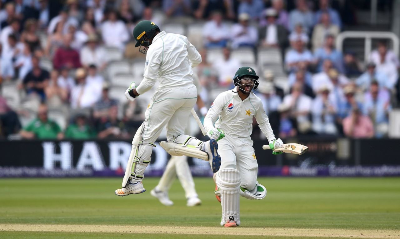 Haris Sohail and Imam-ul-Haq celebrate Pakistan's victory in the first Test, England v Pakistan, 1st Test, Lord's 4th day, May 27, 2018