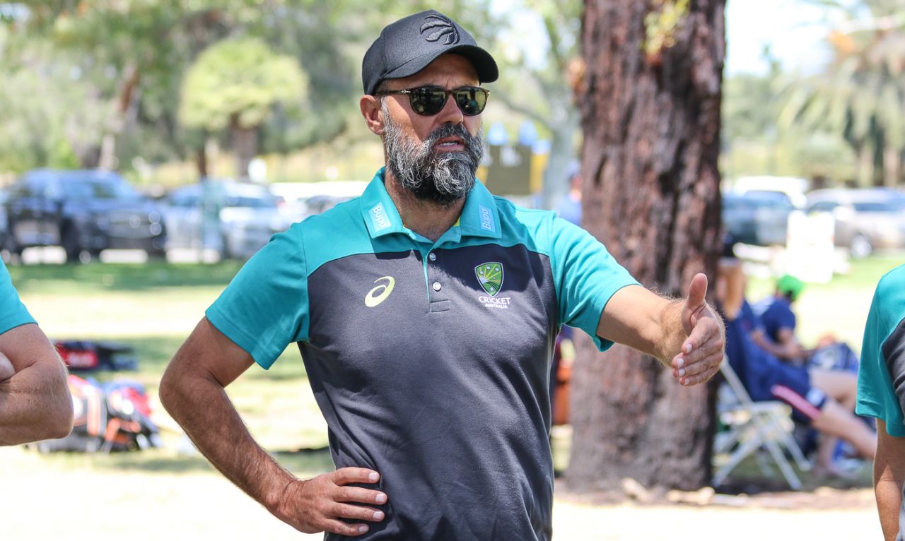 Australia spin bowling coach John Davison offers some tips at a trial match, Los Angeles, April 22, 2018
