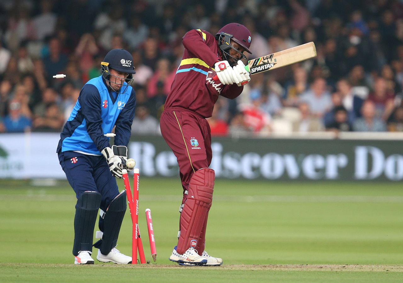 Chris Gayle was bowled by Shoaib Malik, World XI v West Indies XI, Lord's, May 31, 2018