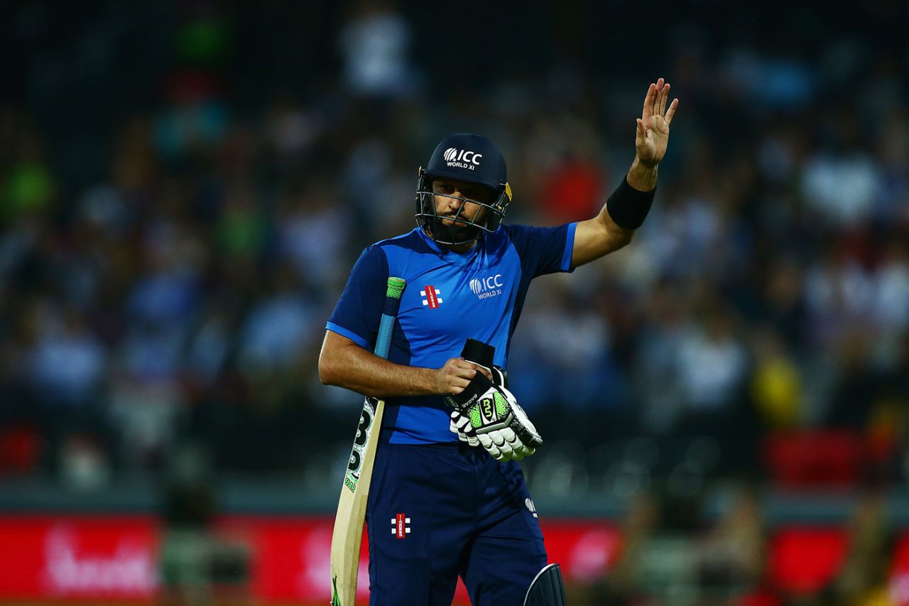 Shahid Afridi waves as he departs following his dismissal, World XI v West Indies XI, Lord's, May 31, 2018