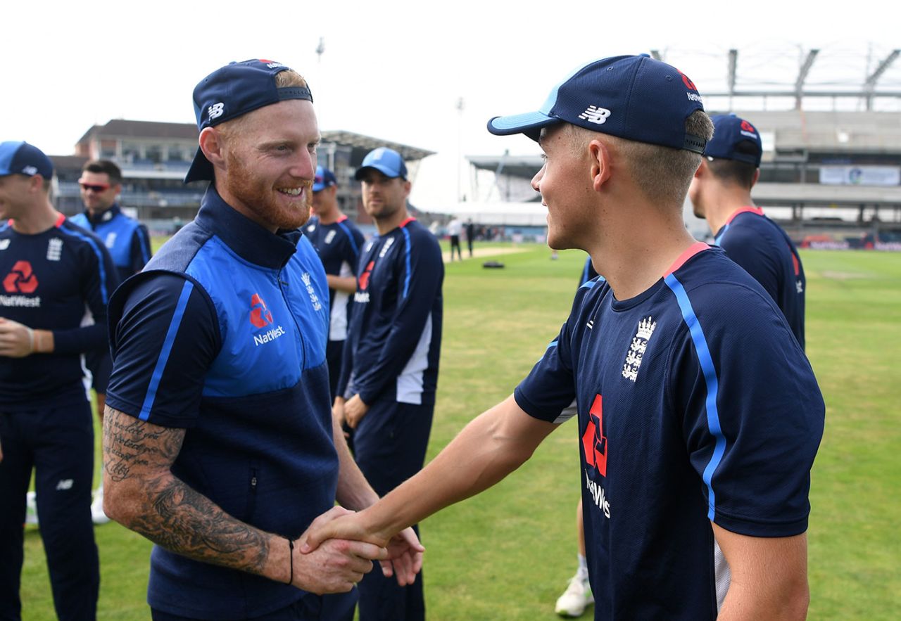 Ben Stokes shakes hands with Sam Curran, his replacement for the second Test, England v Pakistan, 2nd Test, Headingley, June 1, 2018