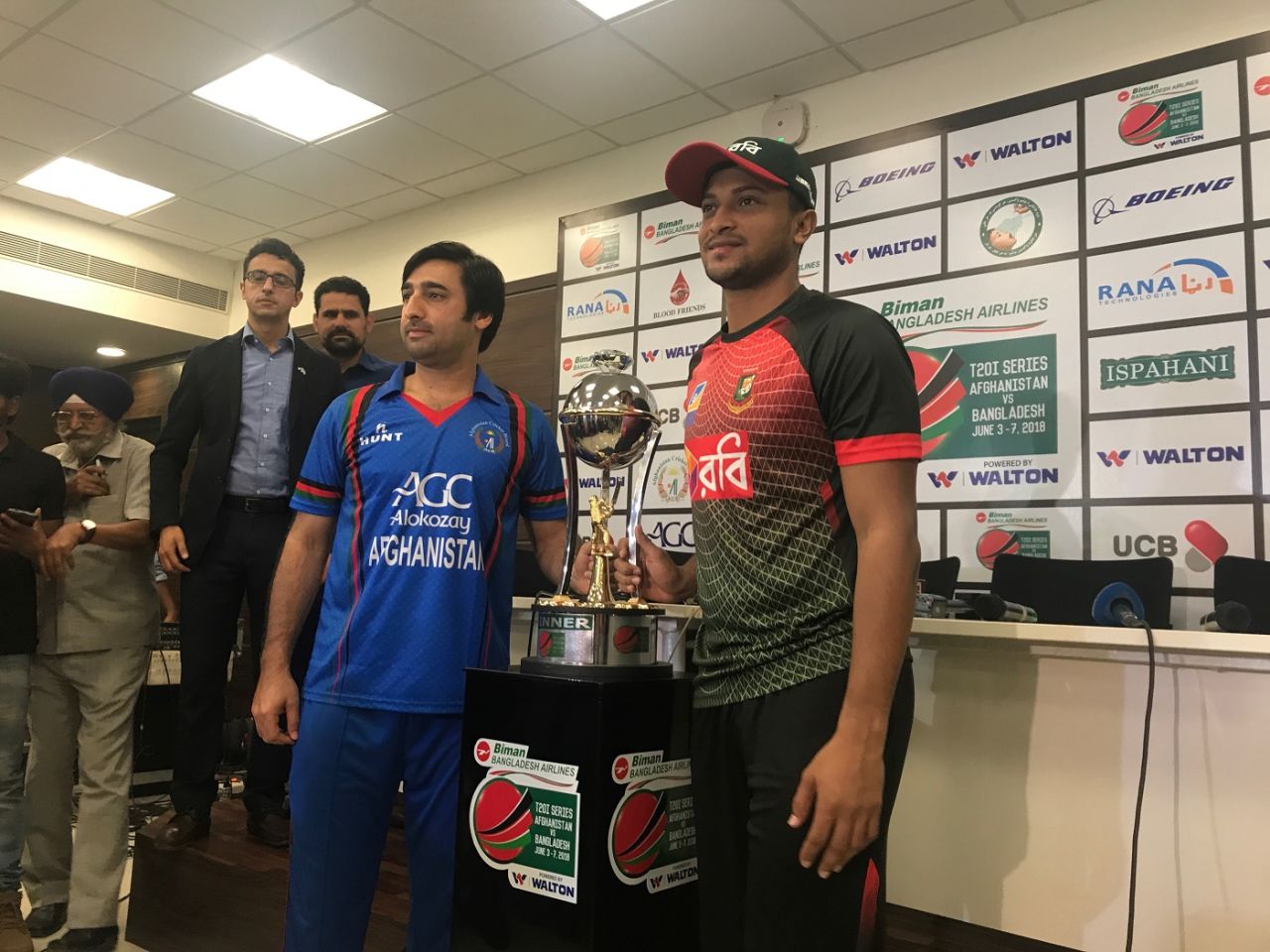 The two captains, Shakib Al Hasan and Asghar Stanikzai, pose with the series trophy, Afghanistan v Bangladesh T20Is, Dehradun, June 2, 2018