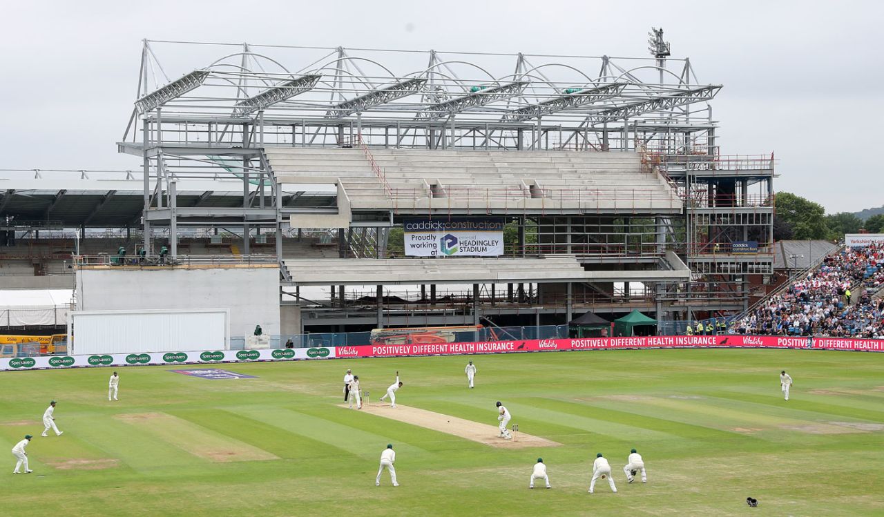 Building an innings: Dawid Malan bats with the Rugby Stand construction site in the background, England v Pakistan, 2nd Test, Headingley, June 2, 2018