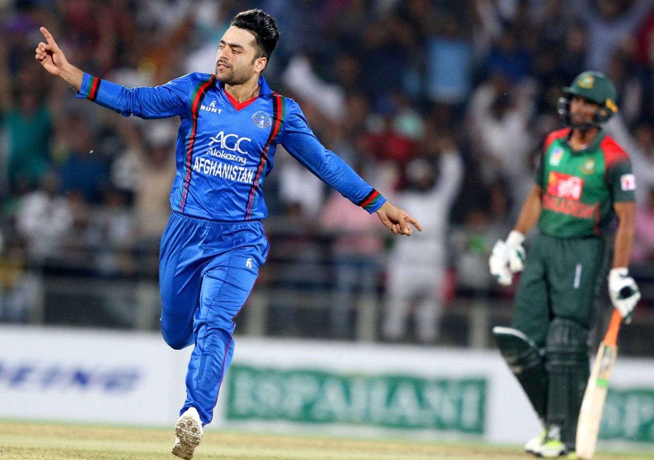 Rashid Khan takes flight after snaring a wicket, Afghanistan v Bangladesh, 1st T20I, Dehradun, June 3, 2018