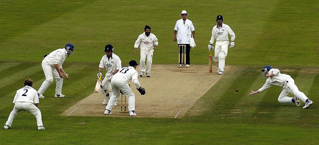 Richard Montgomerie dives for a catch, off the bowling of Mushtaq Ahmed, Sussex v Kent, day four, County Championship, Hove, July 26, 2004