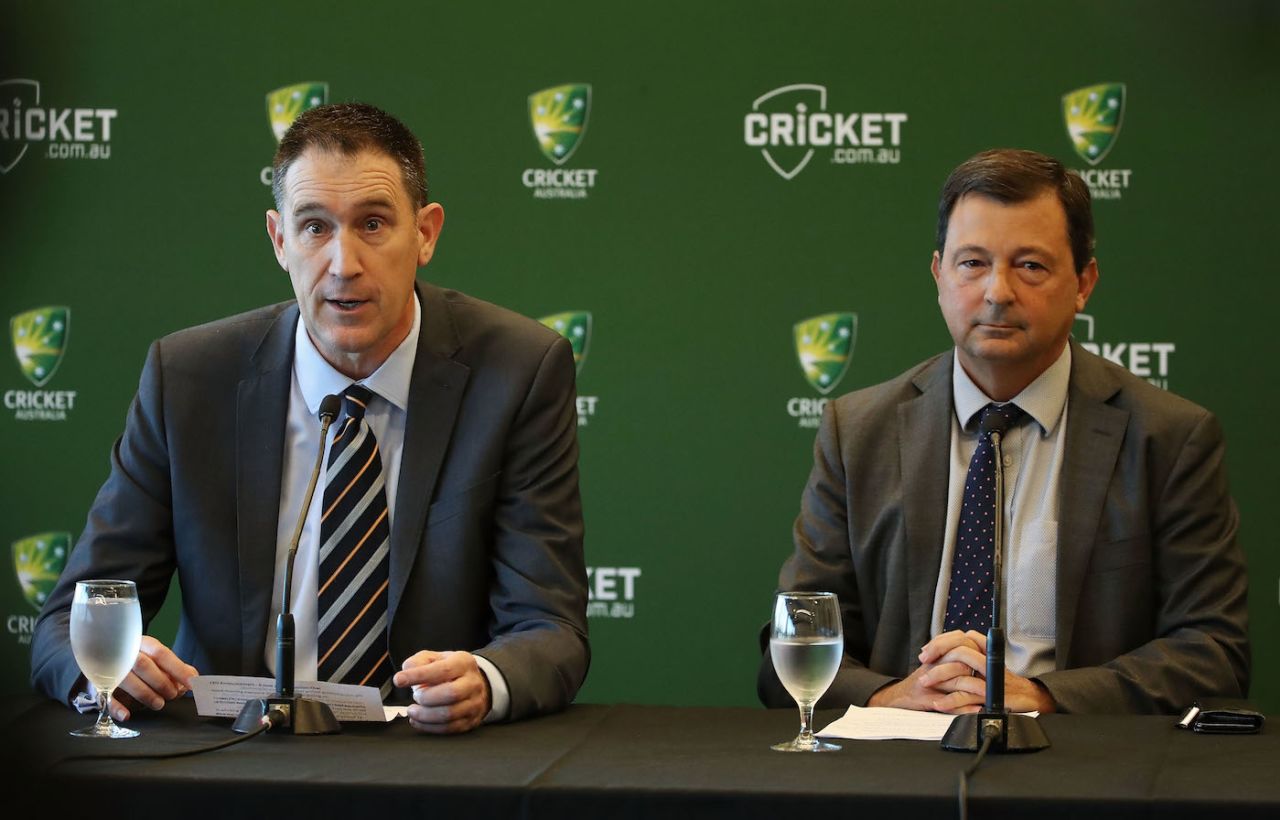 James Sutherland announces his resignation in the presence of Cricket Australia chairman David Peever, Melbourne, June 6, 2018