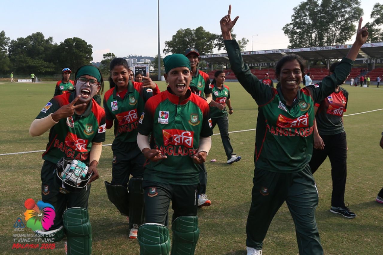 Bangladesh players are ecstatic after their seven-wicket win against India, India v Bangladesh, Women's Twenty20 Asia Cup, Kuala Lumpur, June 6, 2018