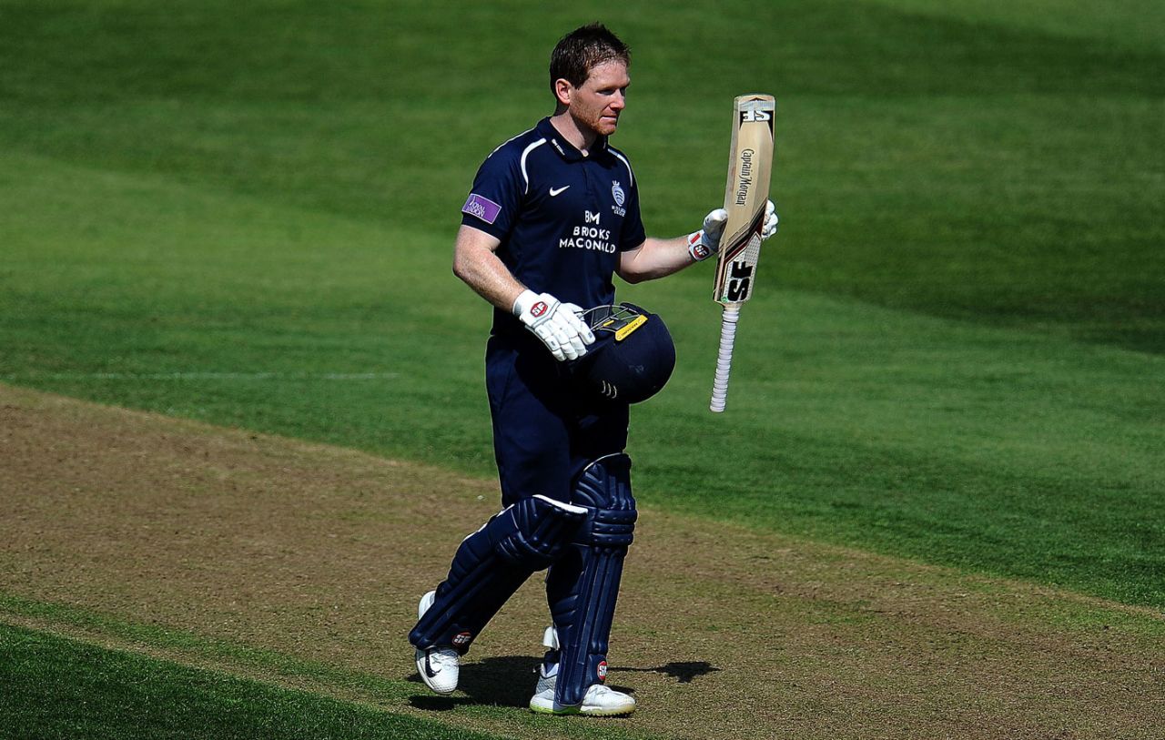 Eoin Morgan acknowledges his hundred, Gloucestershire v Middlesex, Royal London Cup, Bristol, July 6, 2018