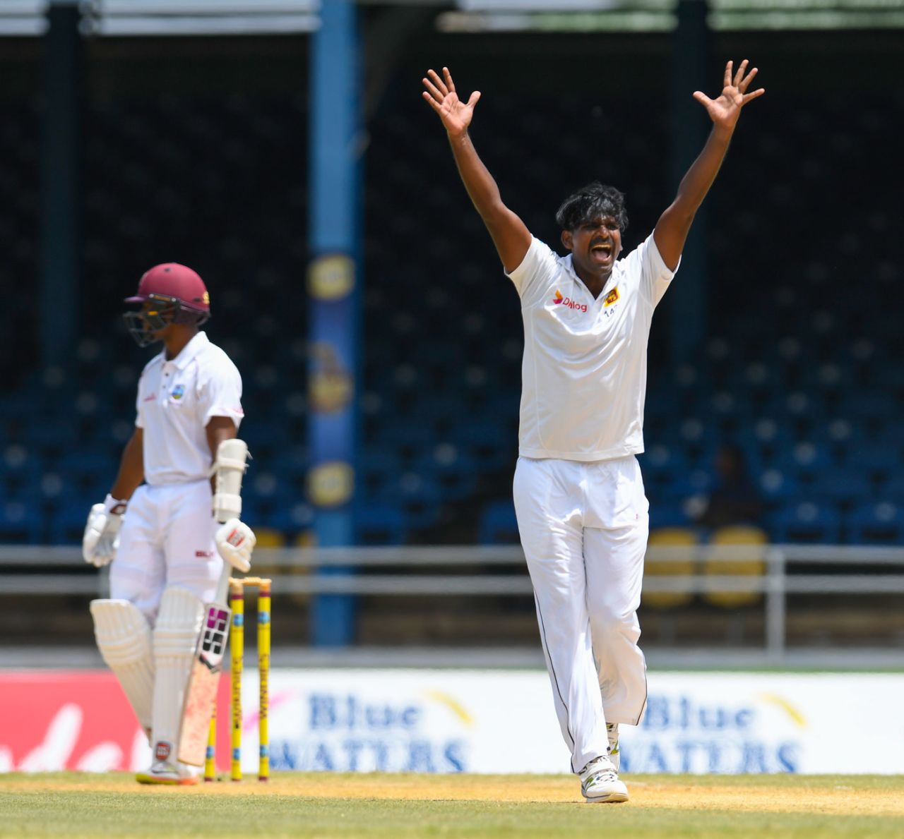 Lahiru Gamage lets out an appeal for lbw, West Indies v Sri Lanka, 1st Test, Day 1, Port of Spain, June 6, 2018