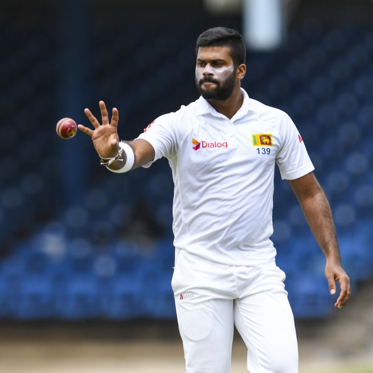 Lahiru Kumara collects the ball, West Indies v Sri Lanka, 1st Test, Day 2, Port of Spain, June 7, 2018