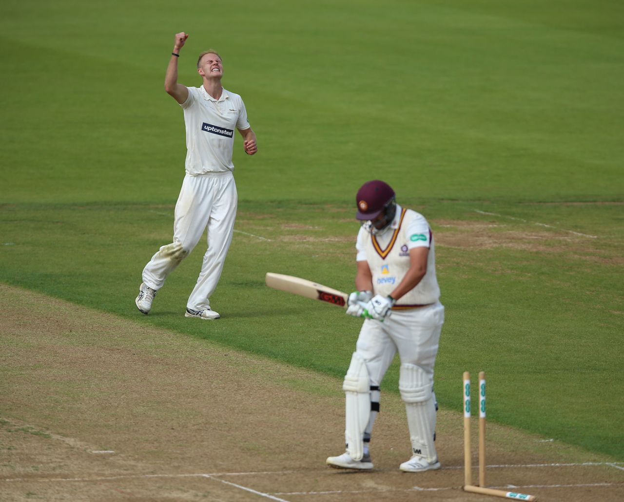 Zak Chappell celebrates his maiden five-wicket haul, Northants v Leicestershire, Specsavers Championship Division Two, Northampton, June 9, 2018