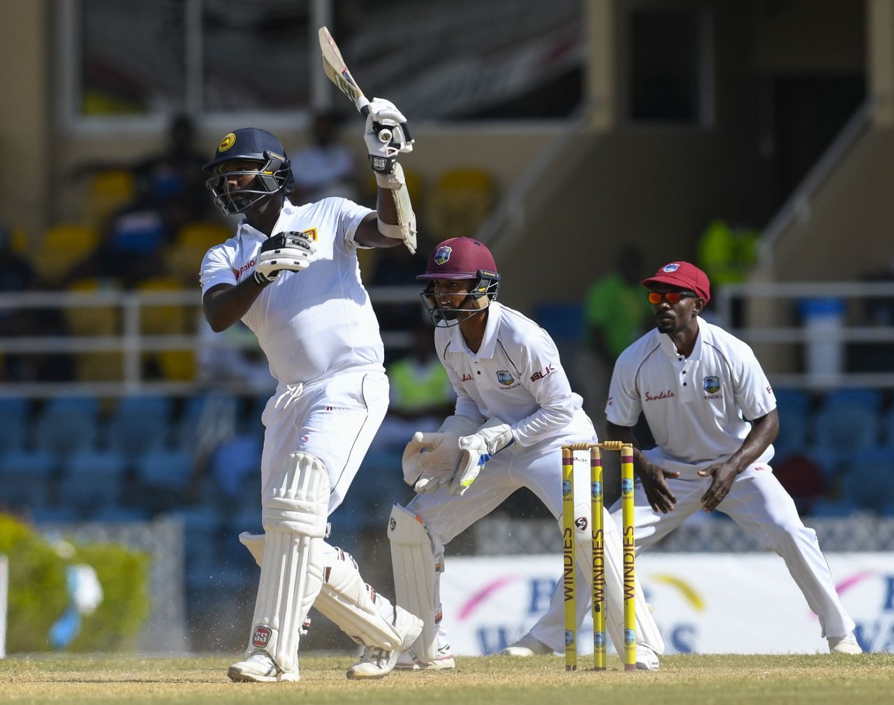 Angelo Mathews plays a one-handed shot, West Indies v Sri Lanka, 1st Test, Port of Spain, 4th day, June 9, 2018