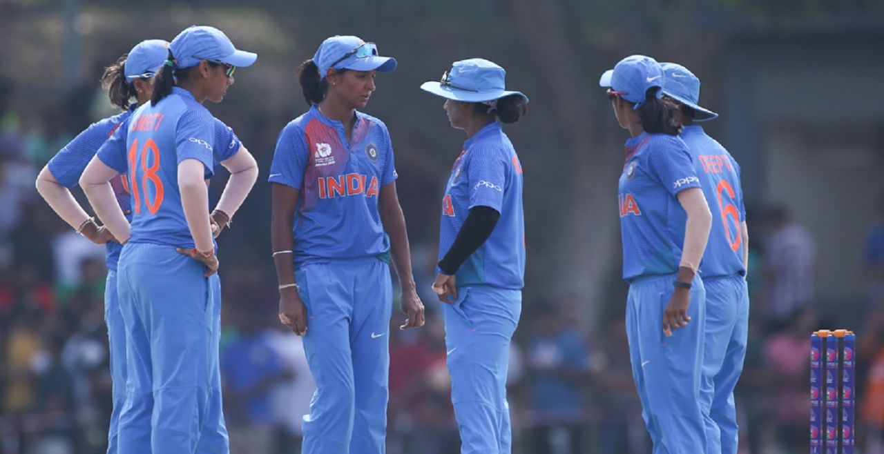 Harmanpreet Kaur has a chat with her team-mates, India v Bangladesh, women's Asia Cup final. Kuala Lumpur