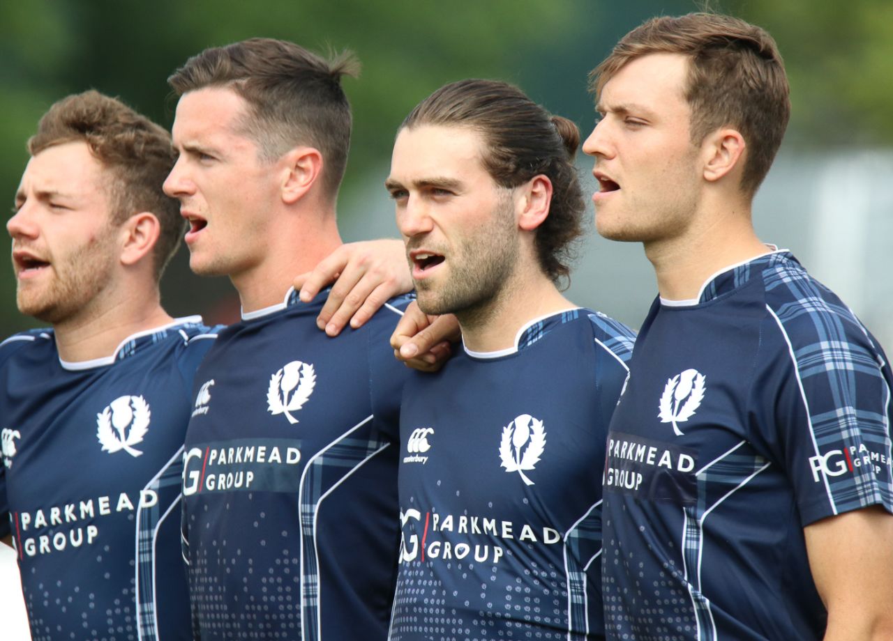 Dylan Budge sings 'Flower of Scotland' during the anthems ahead of his ODI debut, Scotland v England, only ODI, Edinburgh, June 10, 2018