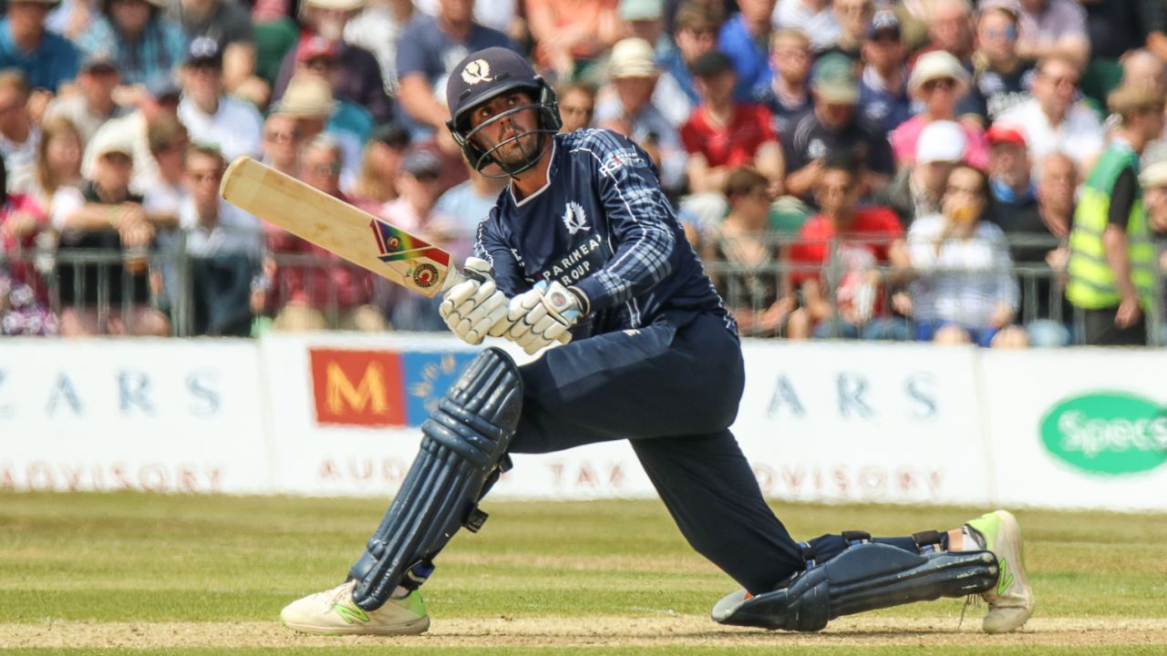 Calum MacLeod slog sweeps Moeen Ali for six to bring up a 36-ball half-century, Scotland v England, only ODI, Edinburgh, June 10, 2018