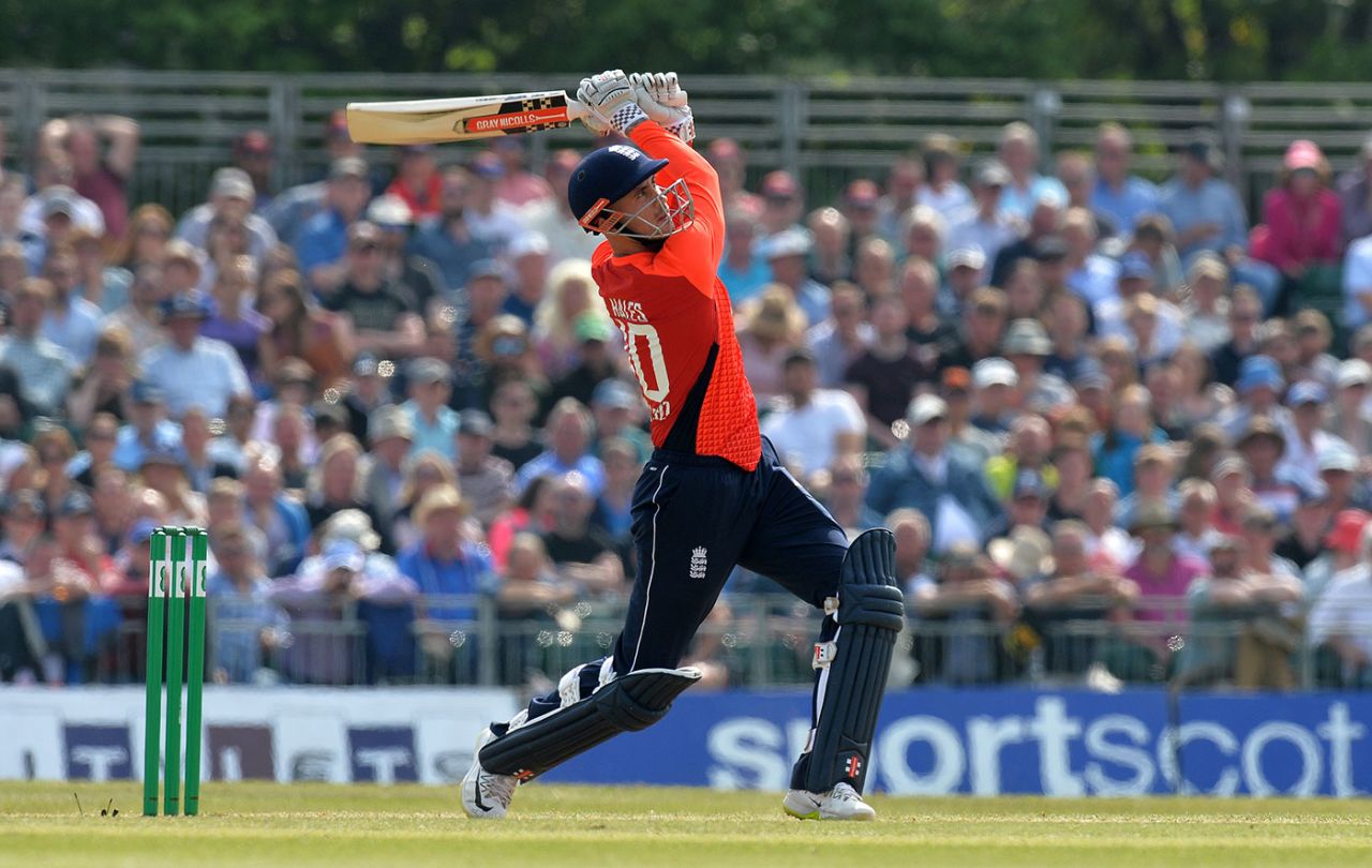 Alex Hales launches down the ground, Scotland v England, Only ODI, Edinburgh, June 10, 2018