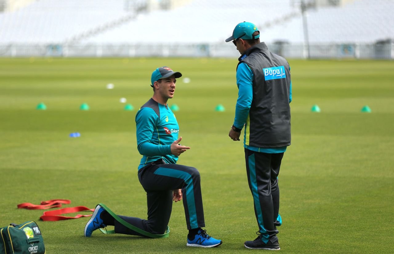 Tim Paine and Justin Langer talk during Australia training, The Oval, June 11, 2018
