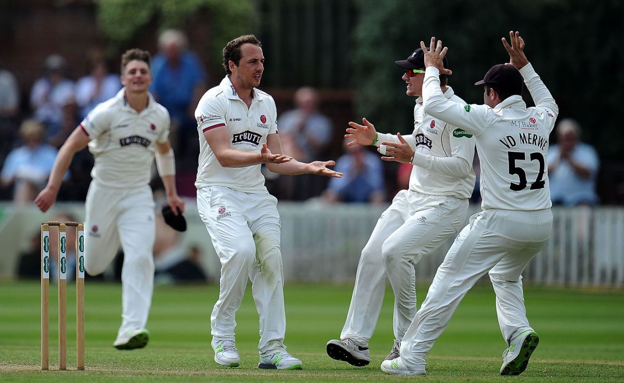 Josh Davey is mobbed by his team-mates, Somerset v Nottinghamshire, County Championship, Division One, Taunton, June 11, 2018