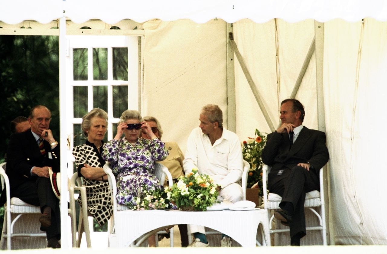 Queen Elizabeth tries on David Gower's sunglasses, South Africa v Earl of Carnavon's Invitational XI, June 23, 1994