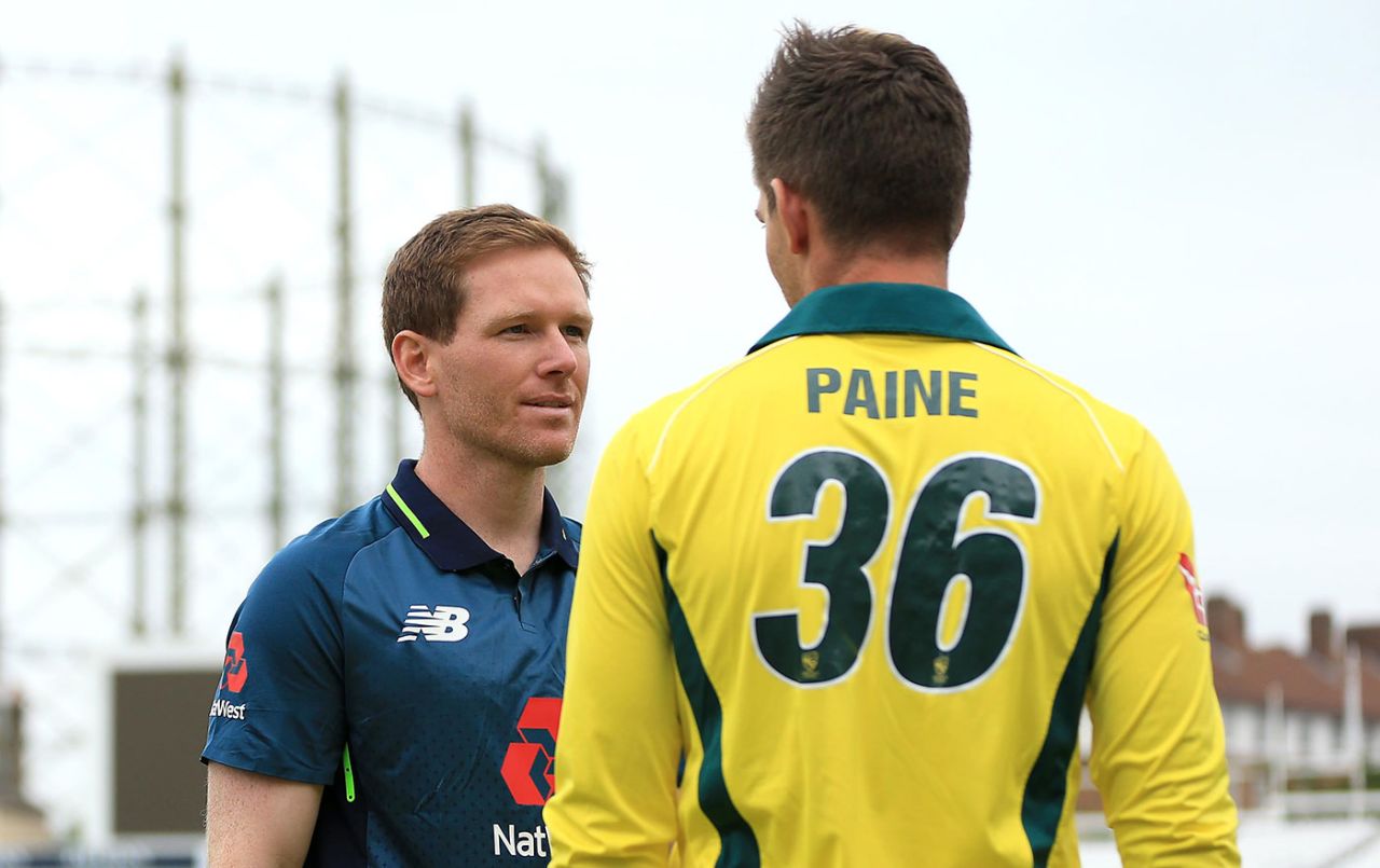 Eoin Morgan and Tim Paine meet on the eve of the first ODI, The Oval, June 12, 2018