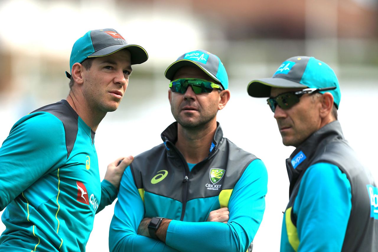 Tim Paine chats with Ricky Ponting and Justin Langer, The Oval, June 11, 2018