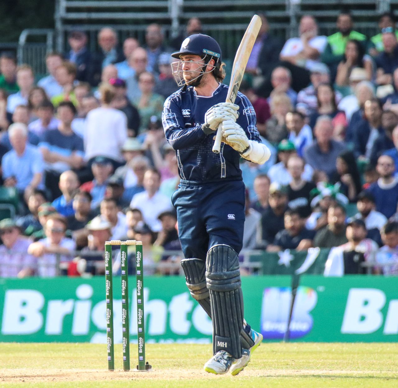 Dylan Budge watches the ball fly over the long-off boundary for six, Scotland v Pakistan, 1st T20I, Edinburgh, June 12, 2018