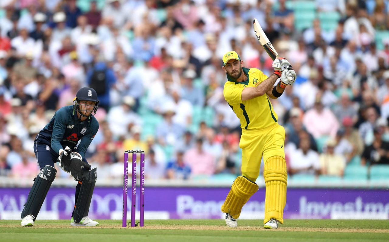 Glenn Maxwell hits down the ground, England v Australia, 1st ODI, Kia Oval, June 13, 2018
