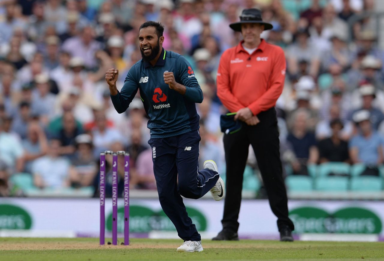 Adil Rashid celebrates the wicket of Marcus Stoinis, England v Australia, 1st ODI, Kia Oval, June 13, 2018