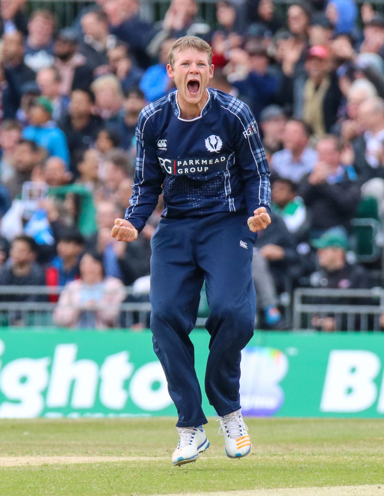 Michael Leask roars with delight after claiming another wicket, Scotland v Pakistan, 2nd T20I, Edinburgh, June 13, 2018