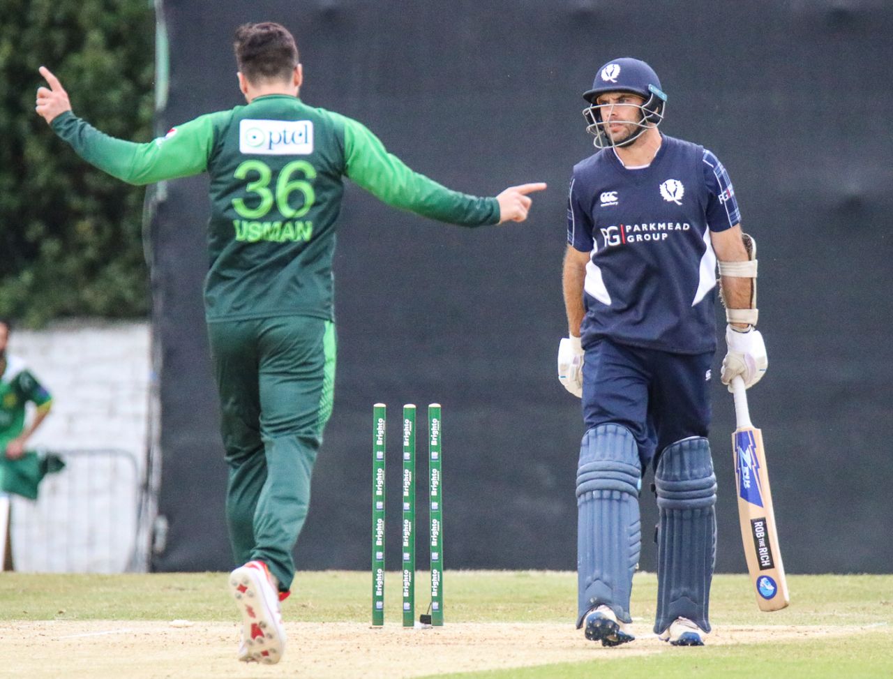 Usman Khan celebrates after bowling Scotland captain Kyle Coetzer, Scotland v Pakistan, 2nd T20I, Edinburgh, June 13, 2018