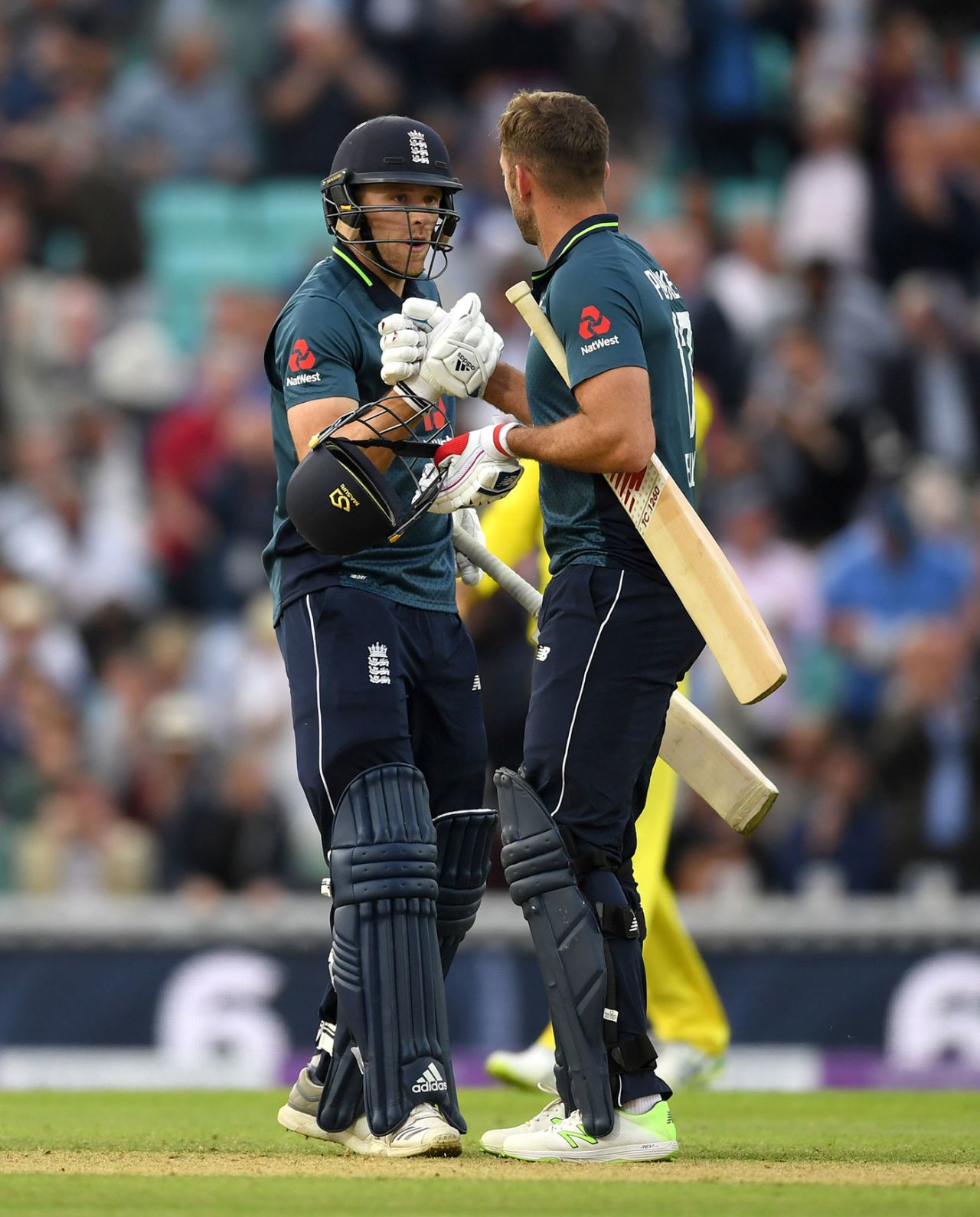 David Willey and Liam Plunkett celebrate the moment of victory, England v Australia, 1st ODI, Kia Oval, June 13, 2018