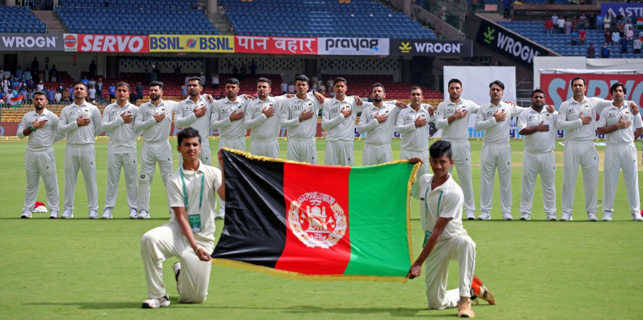 The Afghanistan team lines up for the national anthem, India v Afghanistan, Only Test, Bengaluru, 1st day, June 14, 2018