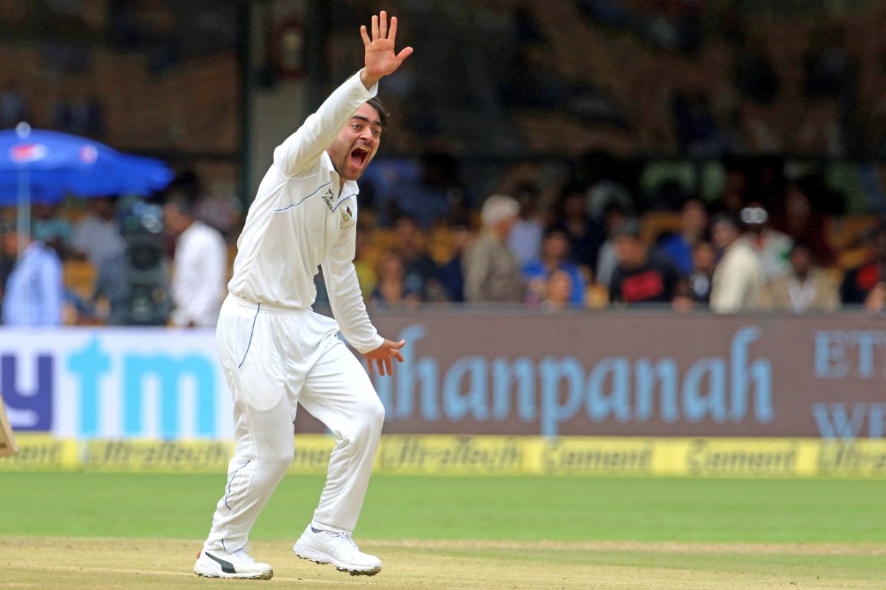 Rashid Khan appeals for a wicket, India v Afghanistan, Only Test, Bengaluru, 1st day, June 14, 2018