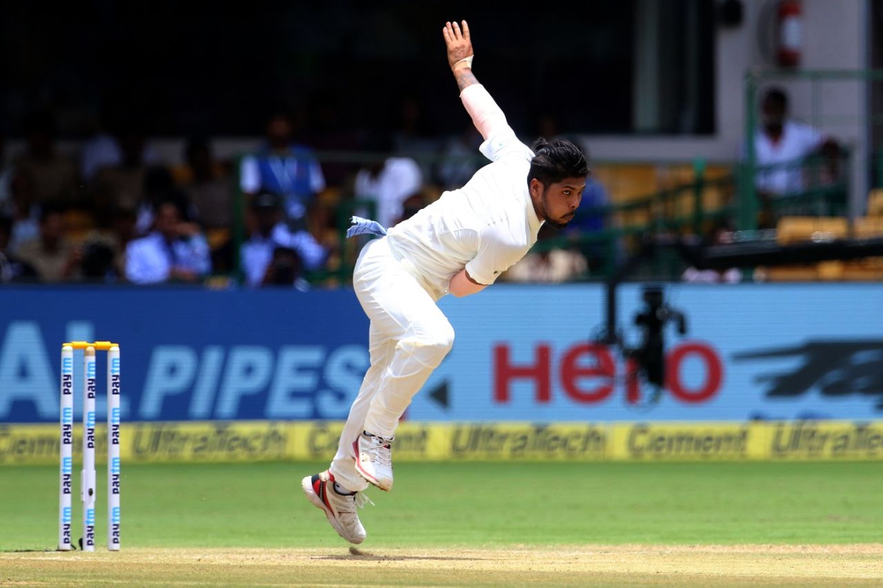 Umesh Yadav bowls. India v Afghanistan, Only Test, Bengaluru, 2nd day, June 15, 2018