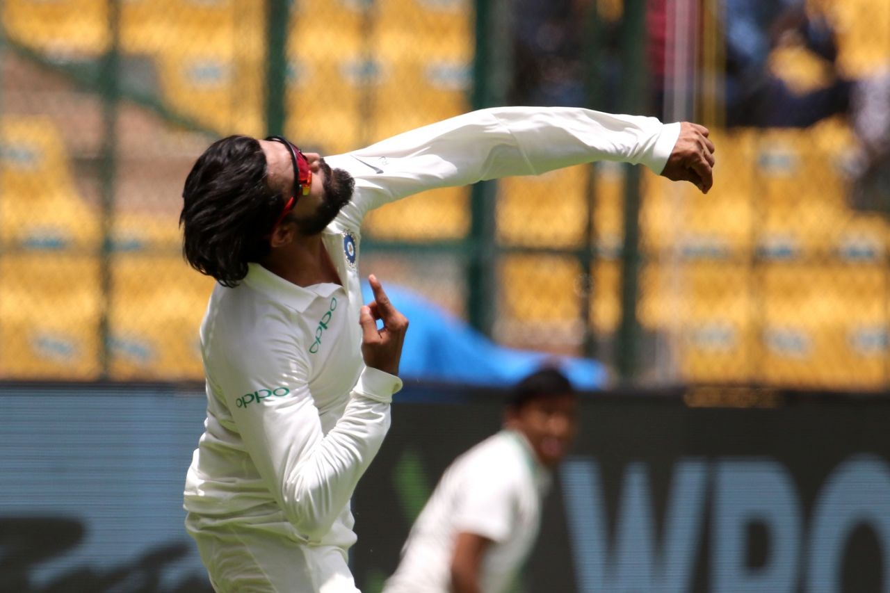 Ravindra Jadeja flings the ball in the air, India v Afghanistan, only Test, Bengaluru, 2nd day, June 15, 2018