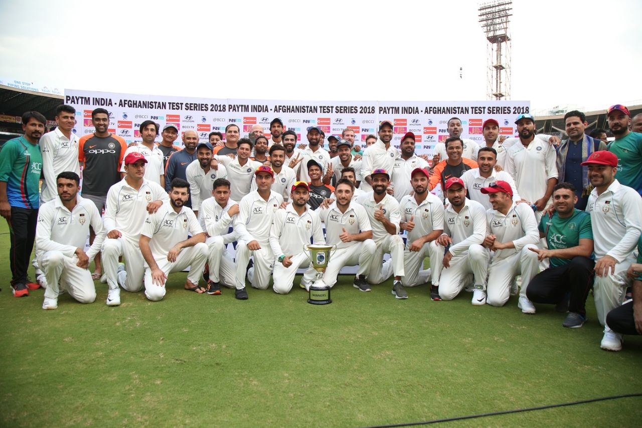 India and Afghanistan pose together with the trophy, India v Afghanistan, Only Test, Bengaluru, 2nd day, June 15, 2018