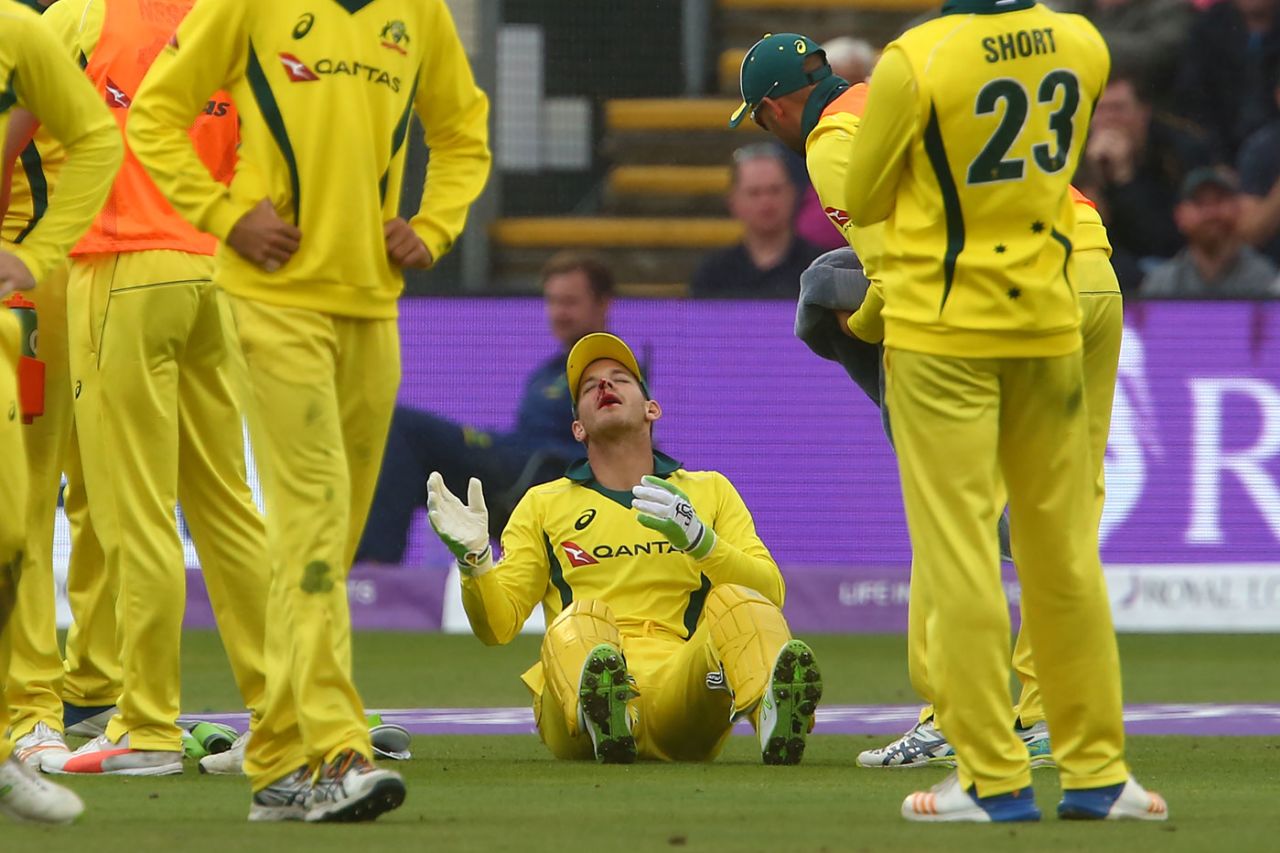 Tim Paine received a bloody nose after the ball bounced unexpectedly in front of him, England v Australia, 2nd ODI, Cardiff, June 16, 2018