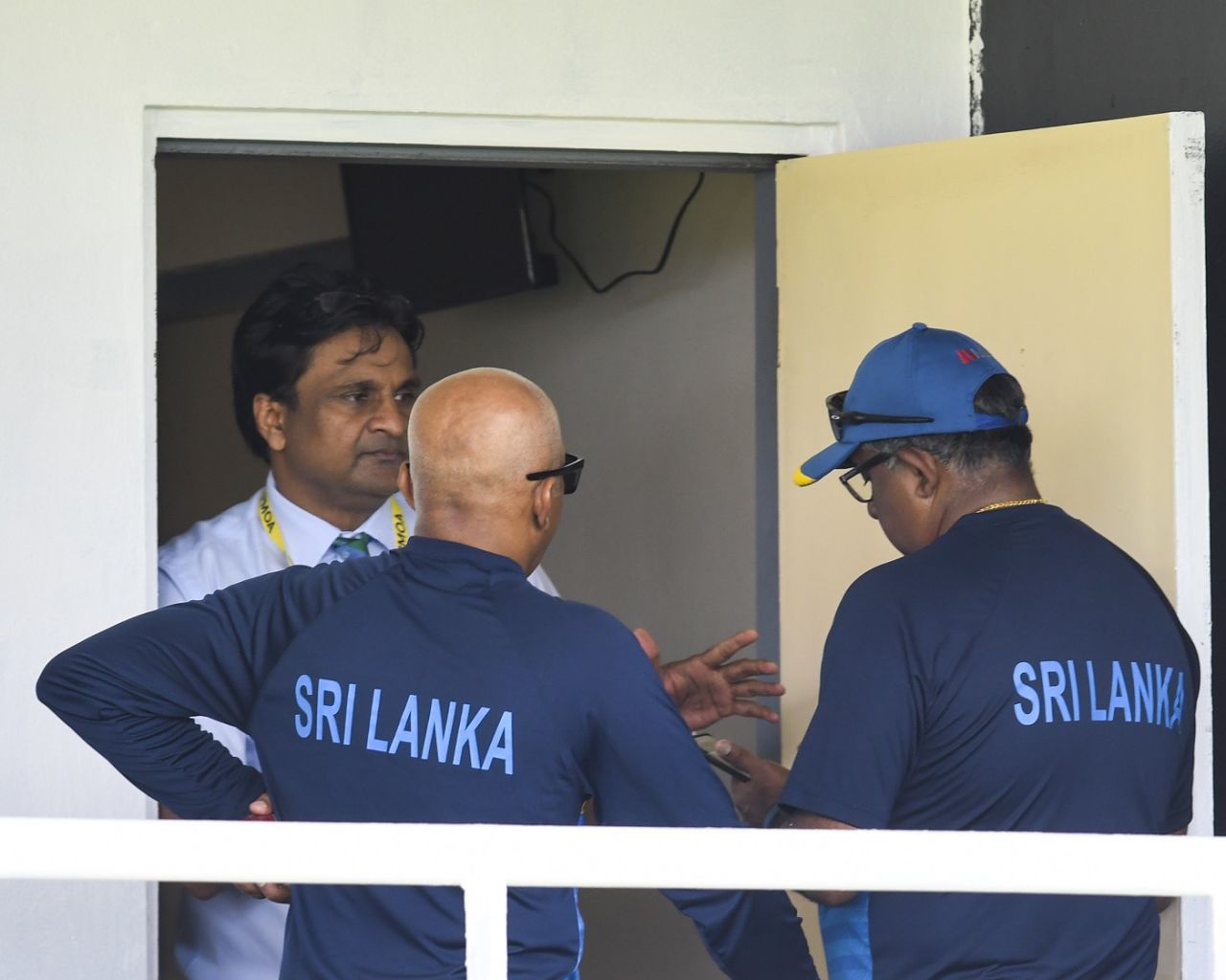 Match referee Javagal Srinath in conversation with Sri Lanka coach Chandika Hathurusingha, West Indies v Sri Lanka, 2nd Test, Gros Islet, 3rd day, June 16, 2018