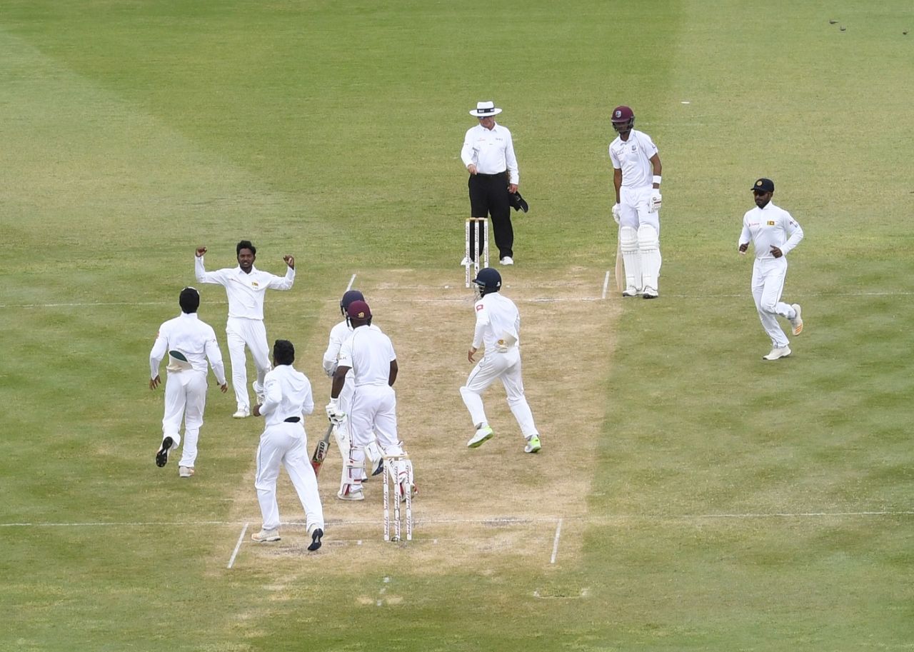 Akila Dananjaya celebrates a wicket with his team-mates, West Indies v Sri Lanka, 2nd Test, Gros Islet, 3rd day, June 16, 2018